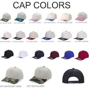 May include: A collection of baseball caps in various colors, including off-white with teal, purple, blue, pink, and green brims. The image also shows caps in solid colors like black, white, navy, burgundy, royal blue, and red.