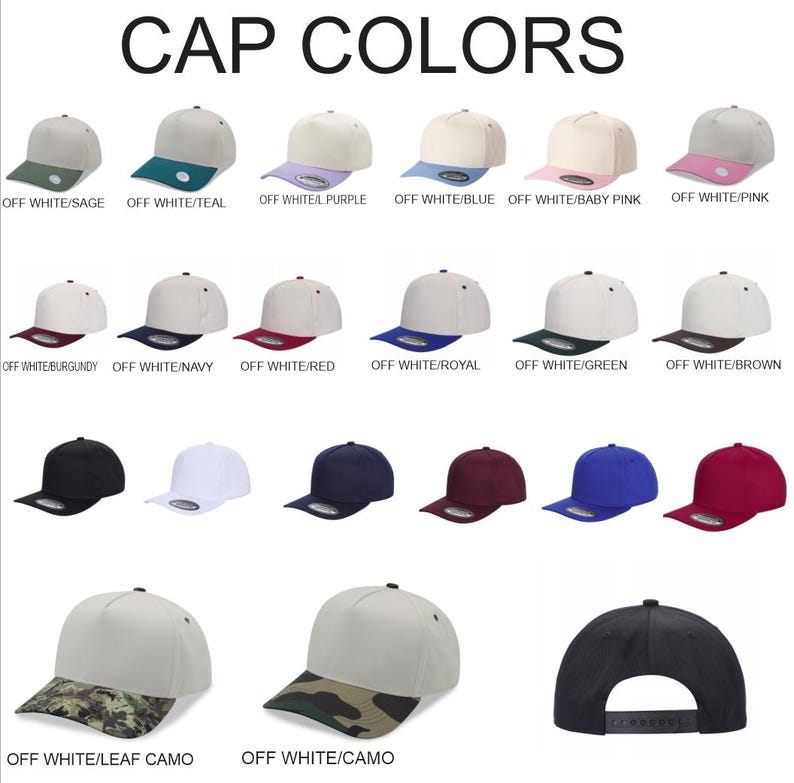 May include: A collection of baseball caps in various colors, including off-white with teal, purple, blue, pink, and green brims. The image also shows caps in solid colors like black, white, navy, burgundy, royal blue, and red.