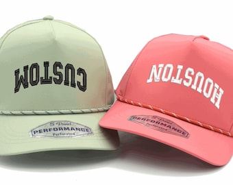 Upside Down Text, Custom Embroidered Performance Golf Hat:  5 Panel Rope Cap