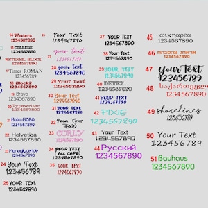 Peut inclure: Une collection d'exemples de texte dans diverses polices et couleurs, incluant des styles serif, sans-serif et script. Chaque exemple affiche le texte "Your Text" ou similaire, avec une s&eacute;quence num&eacute;rique. Le texte est dispos&eacute; sur un fond gris clair.