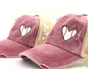 Baseball heart Cap, Ponytail distressed Cap, messy bun cap Sports hearts, Sports Cap,  Baseball mom, Gift for Mom