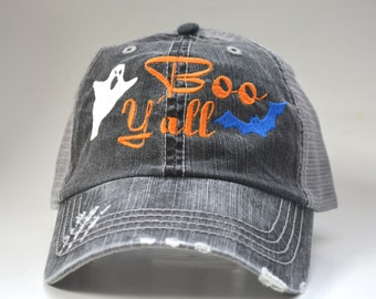 Boo Y'all distressed Halloween Hat Sayings Ghost Bat Embroidered Custom Hat Personalized Women Mesh hat