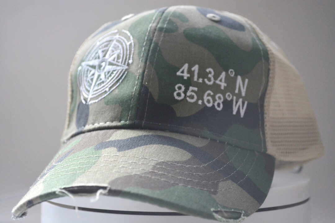 Compass Camo Trucker Hat: Personalized GPS Coordinates, Distressed Cap ...