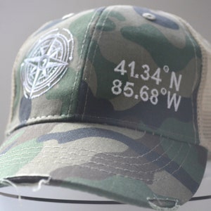 Compass Camo Trucker Hat: Personalized GPS Coordinates, Distressed Cap