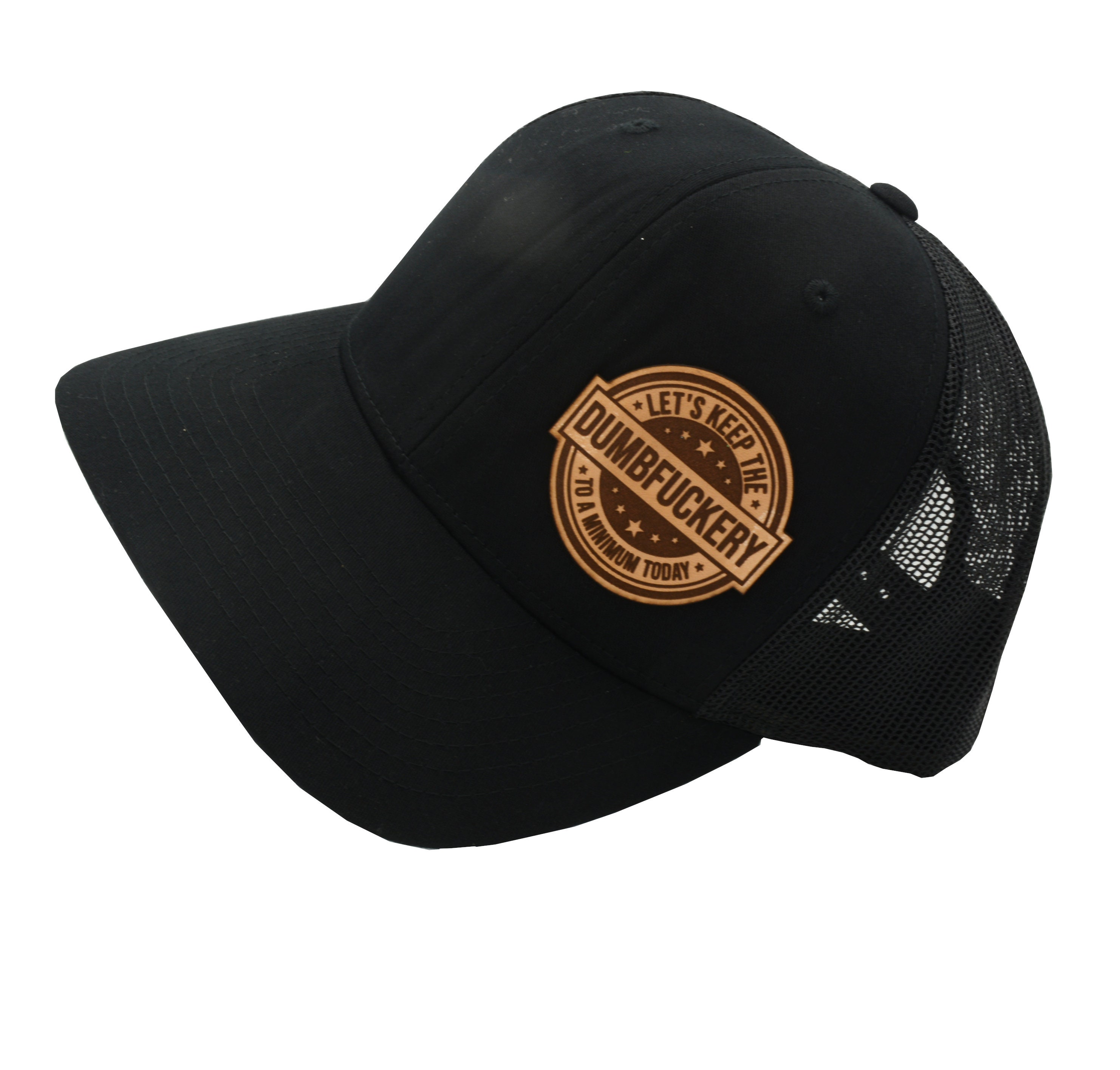 New Custom Designed Black Distressed Black Baseball Cap with Dumbfuckery Patch Dumbfuckery Leather Patch Hat: Mature Adult Trucker Cap - Etsy main image 4