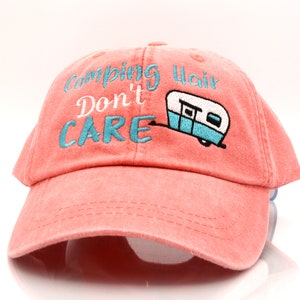 Camping Hair Don&#39;t Care Hat: Coral Pink RV Embroidered Cap