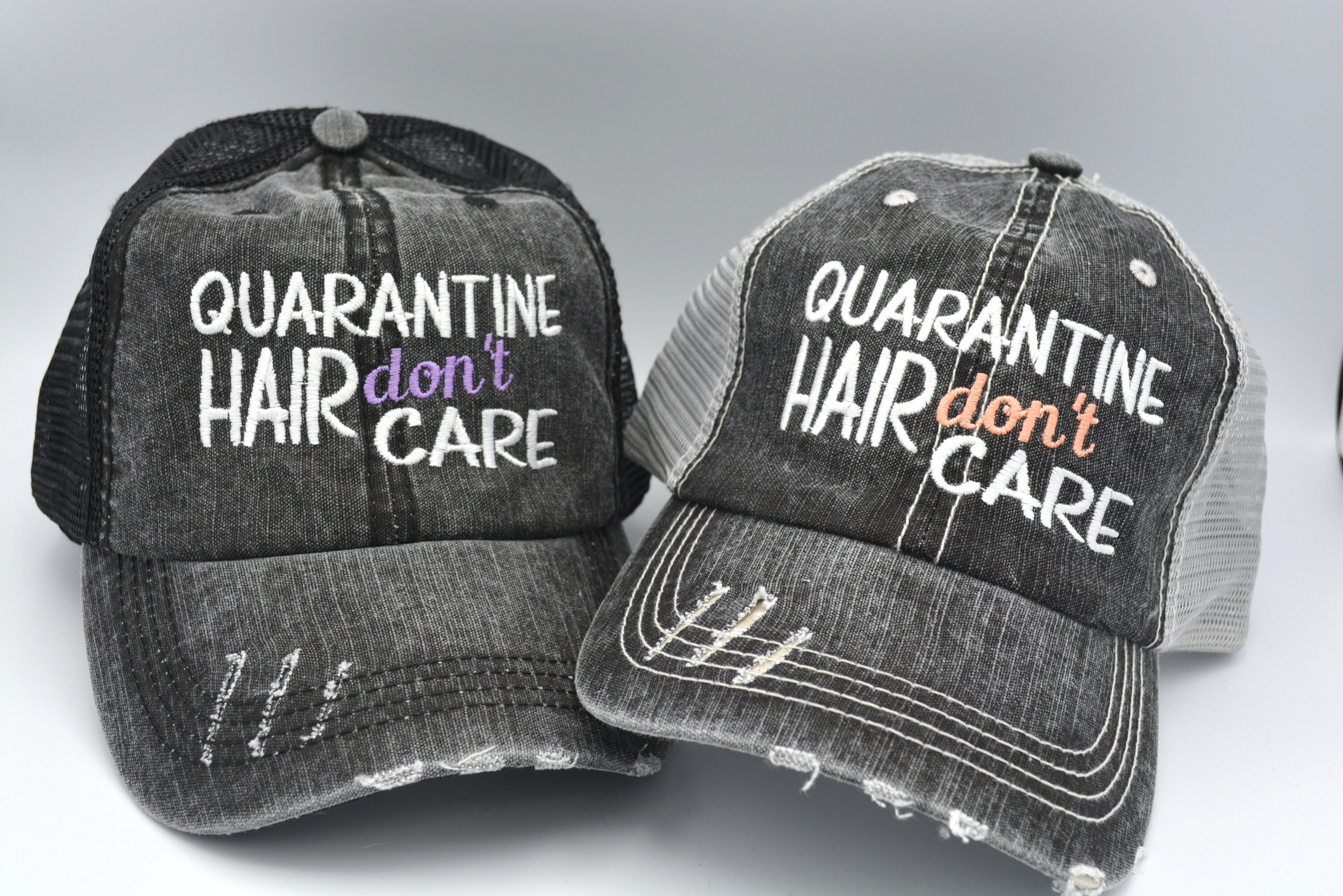 Quarantine Hair Don't Care Distressed Women Trucker Hat Messy Bun…