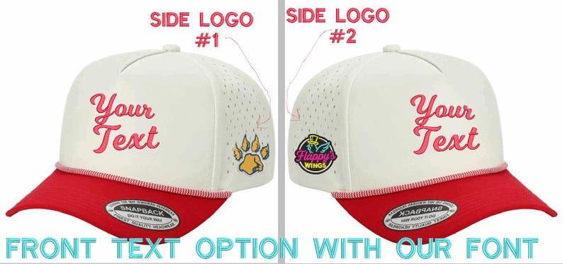 May include: A white and red snapback cap featuring a red embroidered script text that reads Your Text on the front. The side panels have perforated detailing. One side displays a yellow paw print, while the other shows a circular Flappy's Wings logo.