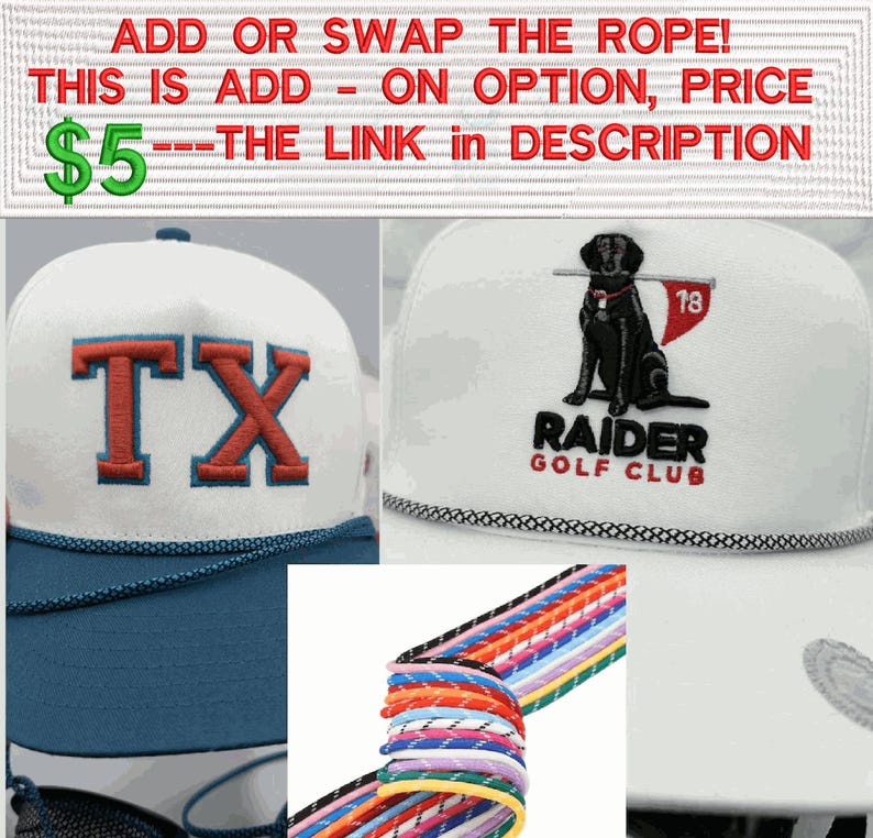 May include: Two white baseball caps with embroidered designs. One cap features the letters TX in orange with blue outlines. The other cap displays a black dog holding a flag with the number 18 and the text RAIDER GOLF CLUB. A bundle of colourful ropes.