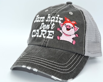 Barn Hair Don't Care Pig Embroidered Distressed Trucker Hat