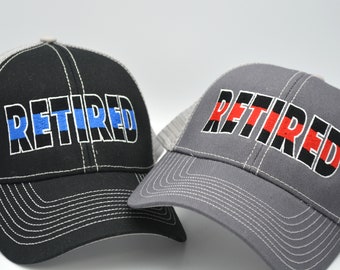 Retired Blue Line Police Retired Red line Firefighter Hat Custom embroidered cap. Gift for Him Fire Department