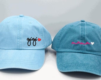 Mama, Gigi, Nana gaga Baseball Cap Handwriting Script Embroidered  Unisex ball cap Custom text and heart color