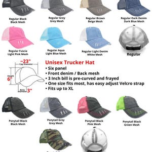 May include: Assorted unisex trucker hats in various colors, including black, grey, pink, and denim. Features a six-panel design, front denim, back mesh, and a pre-curved 3-inch bill. One size fits most with an adjustable Velcro strap.
