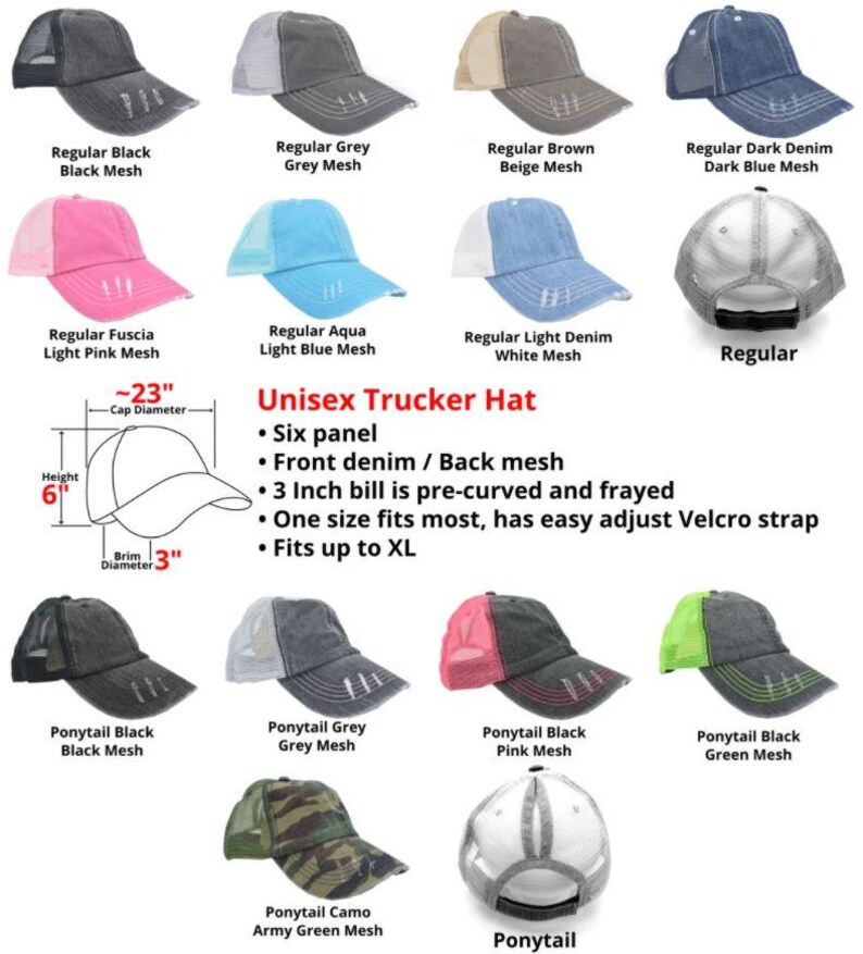 May include: Assorted unisex trucker hats in various colors, including black, grey, pink, and denim. Features a six-panel design, front denim, back mesh, and a pre-curved 3-inch bill. One size fits most with an adjustable Velcro strap.