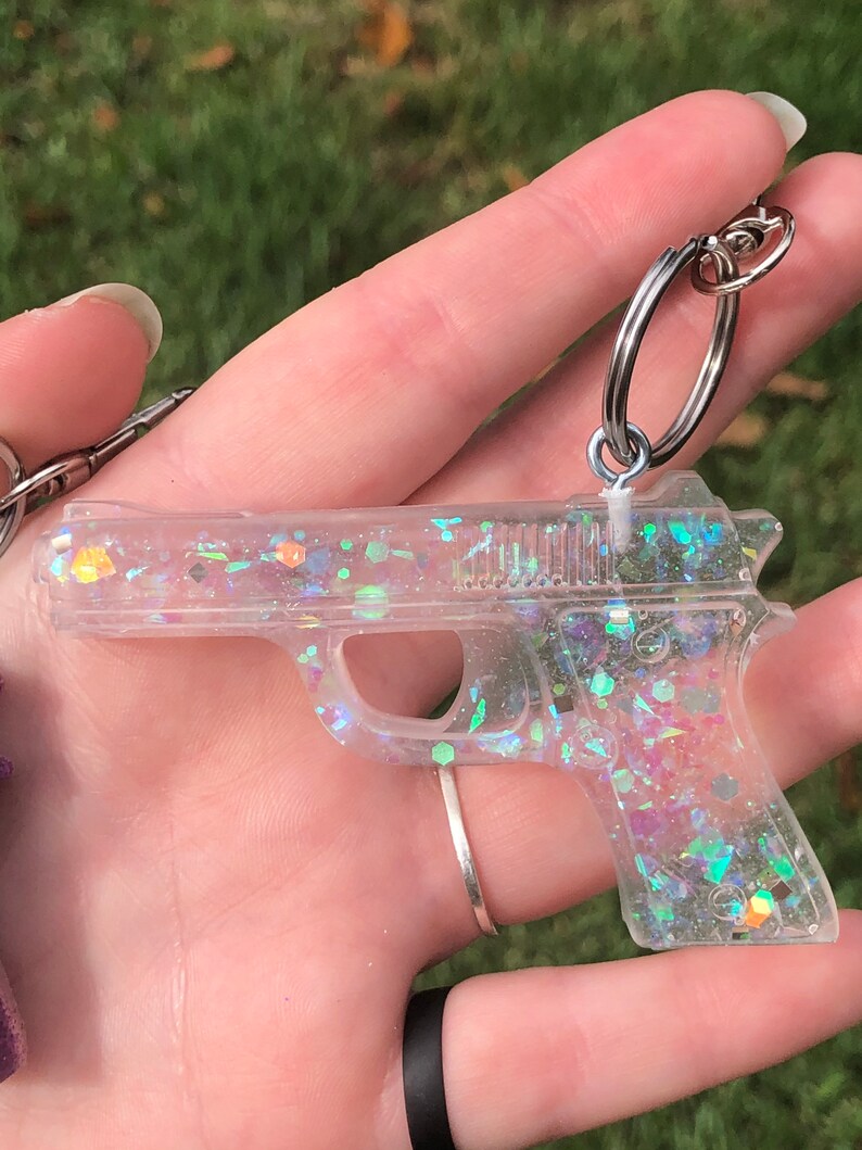 Custom Keychain Glitter Resin Keychain Glitter Keychain Gun Etsy