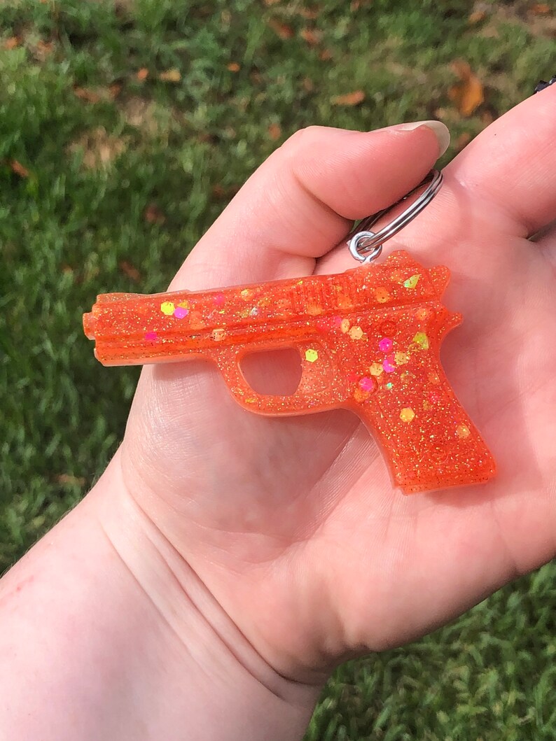 Custom Keychain Glitter Resin Keychain Glitter Keychain Gun Etsy