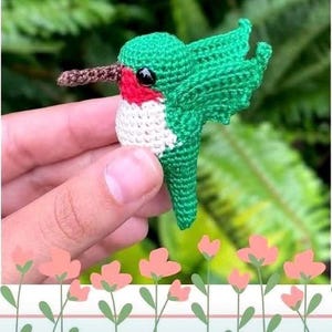 Peut inclure: Un petit colibri crocheté avec des plumes vertes et blanches, une poitrine rouge et des yeux noirs. Le colibri est tenu dans une main.