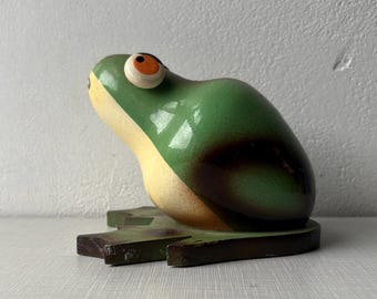 ヴィンテージ グリーン＆ホワイト セラミック カエル貯金箱 ~ 6インチ