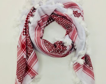 Traditional Jordanian Scarf. Cotton Keffiyeh, Shemagh, Hatta, 48 inches.  Made In Hebron Palestine. Neck Scarf