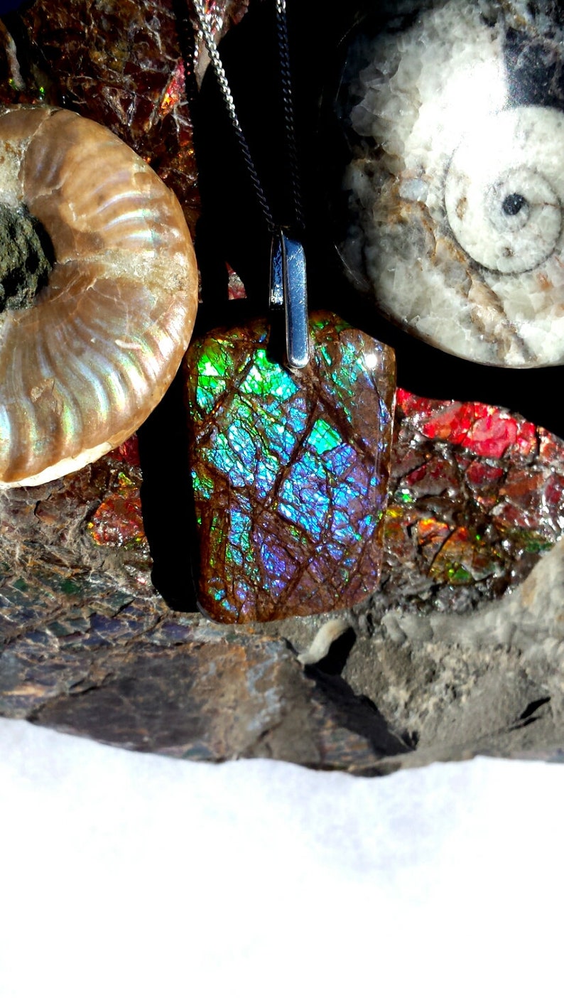 Gorgeous Violet Alberta Ammolite Free Form Pendants Set With .925 Silver Bale and 18 Chain! Green /& Blue