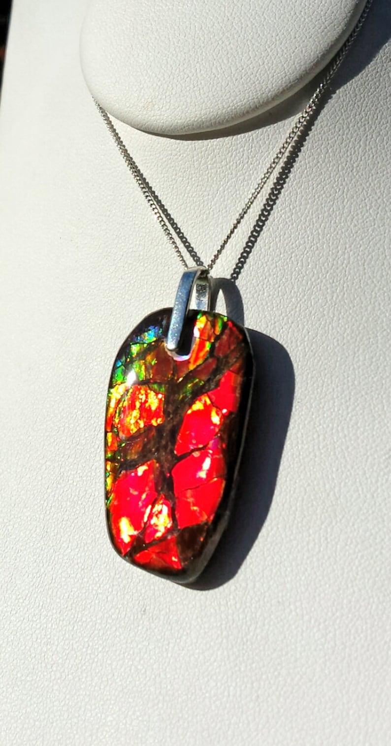 BRIGHT RED Alberta Ammolite Free Form Pendant Set With .925 Silver Bale /& 18 Curb Chain!
