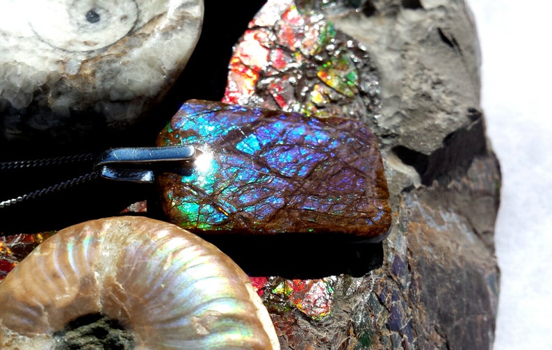 Gorgeous Violet Alberta Ammolite Free Form Pendants Set With .925 Silver Bale and 18 Chain! Green /& Blue