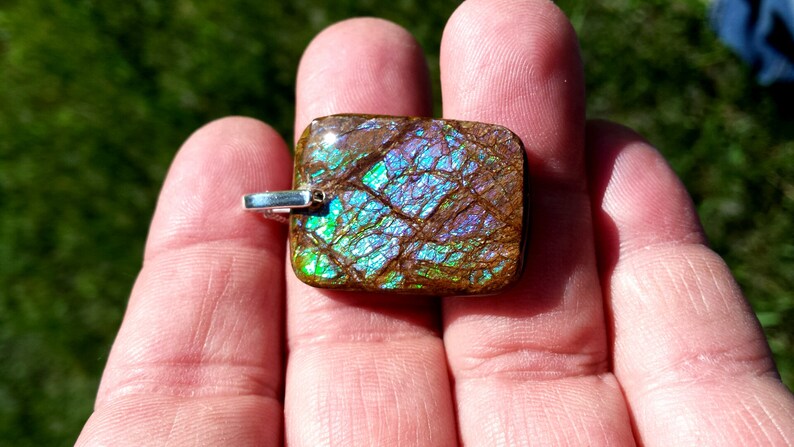 Gorgeous Violet Alberta Ammolite Free Form Pendants Set With .925 Silver Bale and 18 Chain! Green /& Blue