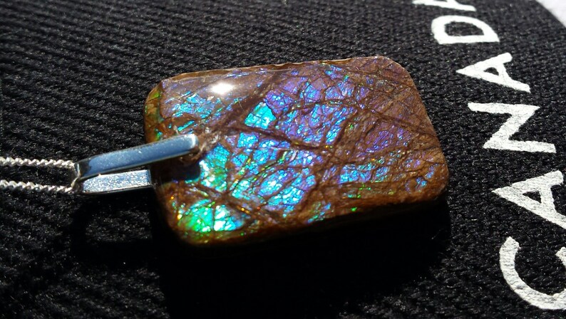 Gorgeous Violet Alberta Ammolite Free Form Pendants Set With .925 Silver Bale and 18 Chain! Green /& Blue