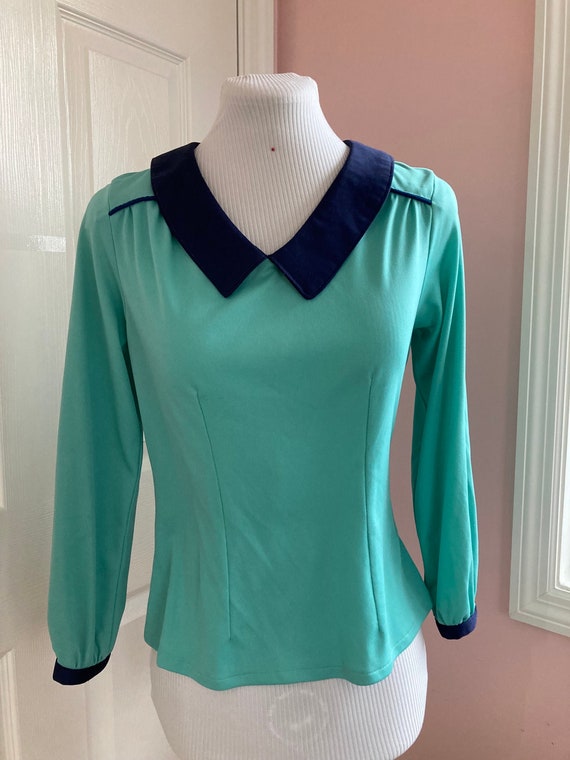 Small Teal/Navy Collared Blouse - image 1
