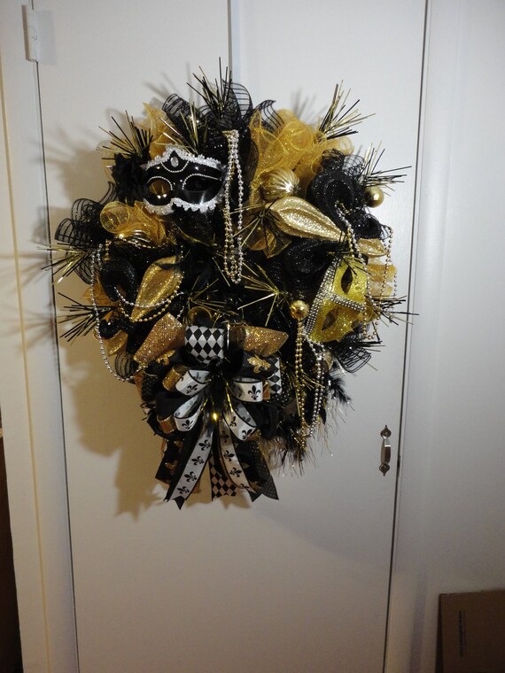 Mardi Gras Wreath Black And Gold Mesh Mardi Gras Etsy