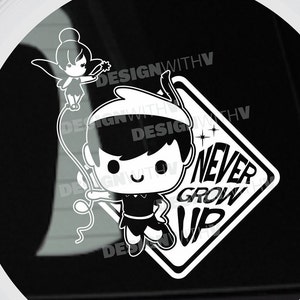 May include: Black and white illustration of Peter Pan holding a balloon with Tinkerbell flying above him. The illustration is on a white diamond-shaped sign with the text "Never Grow Up".
