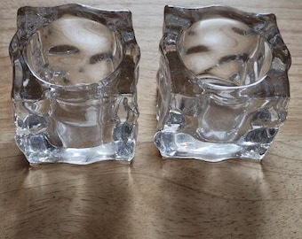 Vintage 1970's glass ice cube votive candle holders set of 2