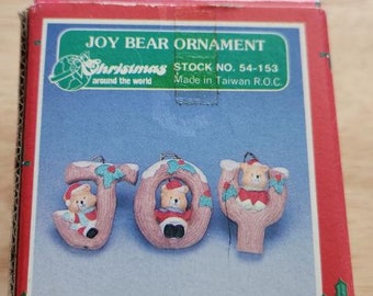 Vintage "JOY" bear ornaments, from Christmas around the world - in original box