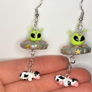 Handmade UFO Earrings – Polymer Clay Alien Abduction with Dangling Cow, Alien Earrings