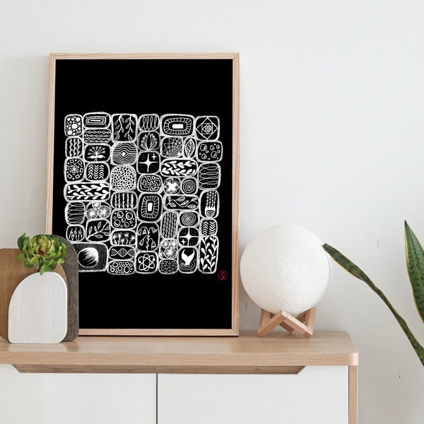 Cosmos Végétal Illustration noir et blanc encre reproduction affiche