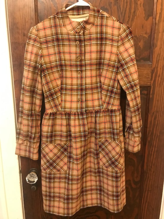 Vintage fitted tan wool plaid Pendleton dress/ 70s