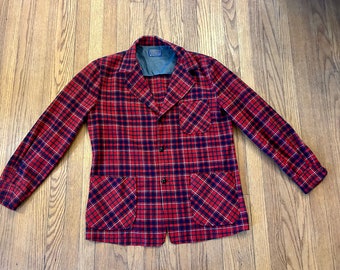 Vintage 1960s / 1970s Wool Plaid Pendleton Lumberjack Shirt or Light Coat with Wooden Buttons / Great Front Pockets / Bright Reds and Blues
