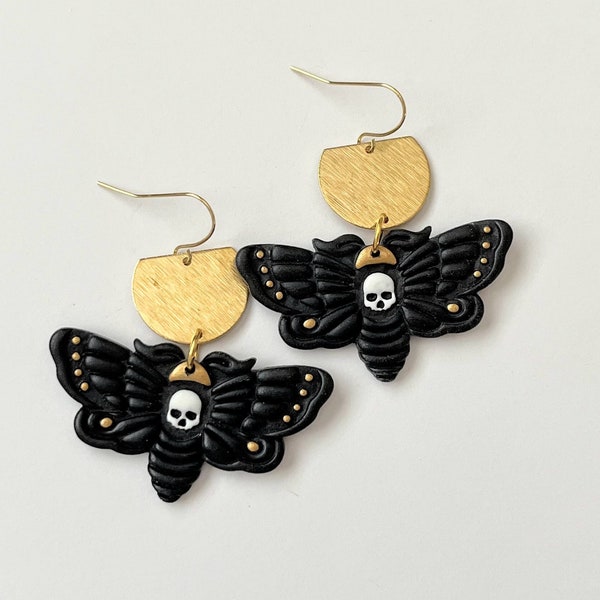Death Moth Earrings, New Orleans Style Earrings, Black and Gold, Polymer Clay Earrings, Clay Earrings
