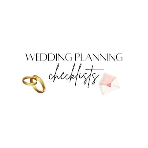 May include: White background with the text "WEDDING PLANNING checklists" in black script. Gold wedding rings and a watercolor envelope with a pink heart are also featured. Wedding planning theme.