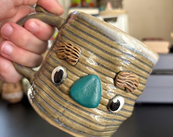 14 oz Handmade Ceramic Coffee/Tea Tin Can Face Mug