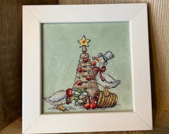 Christmas framed art - cross stitch - Decorating Christmas Tree - Geese - Christmas ornament decoration - Romantic - UK