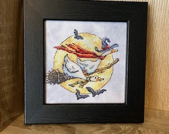 Halloween framed art - cross stitch - broomstick - Geese - Halloween ornament decoration- Halloween Art - UK