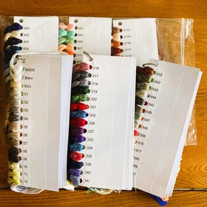 May include: A selection of embroidery threads in a range of colours, including blues, greens, reds, and browns. The threads are organised with numbered colour cards. The threads are packaged in a clear plastic bag.
