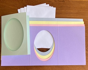 5x Tri-fold Aperture cards - Pastel Spring - PYO Colours - Pink/Yellow/Blue/Green - 3 fold card - for Cross Stitch - 4x6&quot; - Oval Apeture