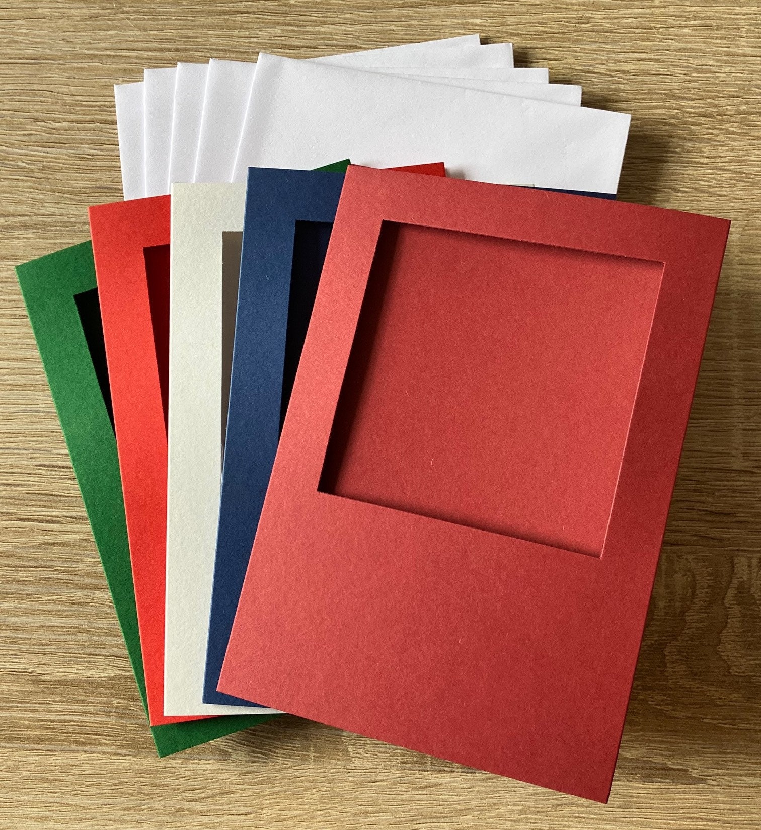 5x Tri-fold Aperture cards - Christmas Colours - Red/Green/Blue  3 fold card - for Cross Stitch - 4x6" - 105x148mm - 3" Square Aperture