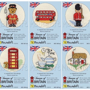 May include: Six counted cross stitch designs featuring iconic images of Britain. The designs include a red double-decker bus, a red telephone box, a teacup and teapot, a thatched cottage, a guardsman, and a teddy bear dressed as a guardsman. Each design is labelled "Images of Britain" and "Mouseloft".