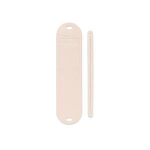 May include: A light beige leather strap with a small rectangular pocket and a loop at the top. The strap is attached to a long, thin, light beige leather strap.