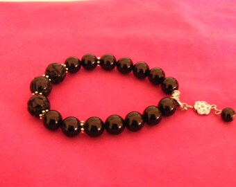 Bracelet Onyx natural Stone beads lotus blossoms with Pendant