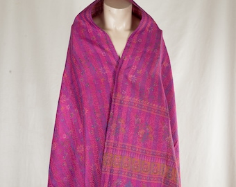Over-sized Silk Kantha Scarf-Reversible/Big Vintage Silk Saree Wrap/HandMade Wrap/Kantha/Indian boho Shawl/Kantha Fabric Scrap