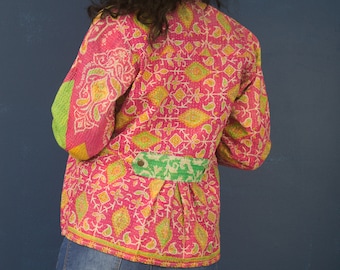 Taj Statement Jacket - Pink Quilted Jacket - Boho Jacket -Vintage Kantha -Ethical Sustainable Gift -Embroidery Jacket  -Short Boho Jacket